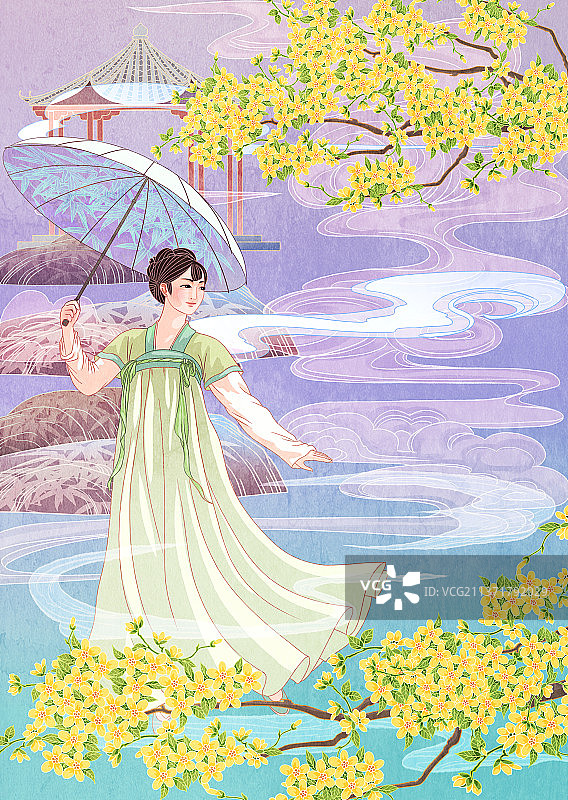 中国国潮新中式撑伞的汉服少女插画图片素材