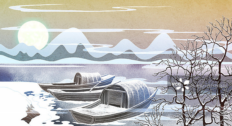 中国国潮新中式插画寒江雪月夜图片素材