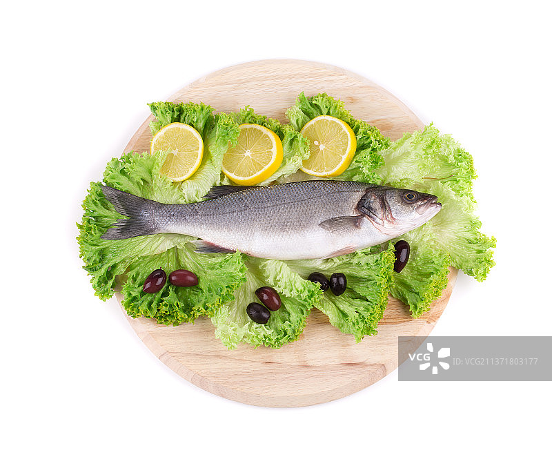 生菜上的新鲜鲈鱼，白色背景砧板上的高角度鲈鱼，摩尔多瓦图片素材
