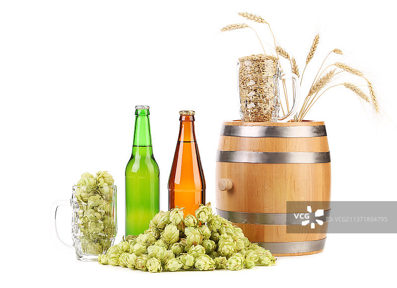 带有啤酒花和啤酒瓶的桶杯，摩尔多瓦图片素材
