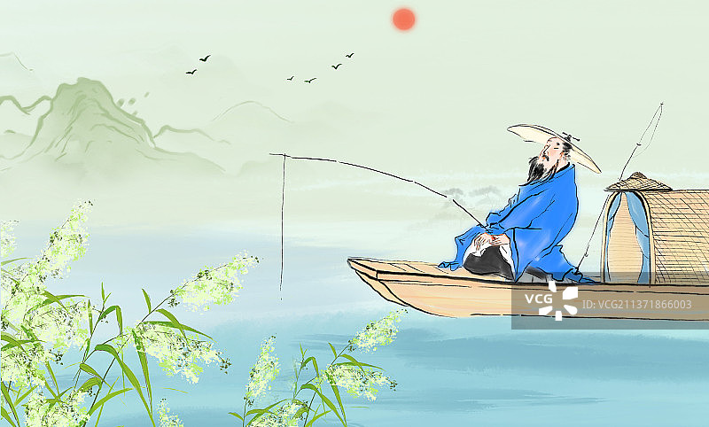 钓鱼的姜子牙在渭水河边图片素材