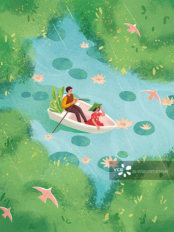 清明节湖上划船的一对男女图片素材