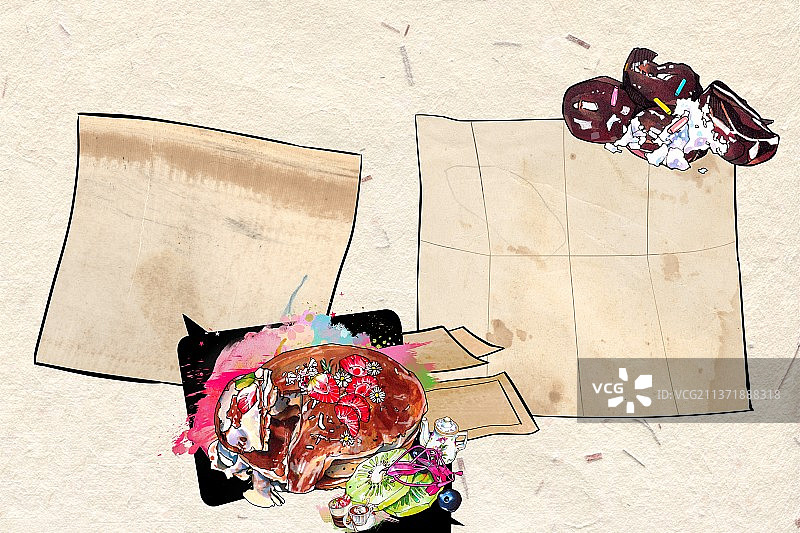 下午茶水果巧克力 蛋糕 涂鸦风手绘美食插画图片素材