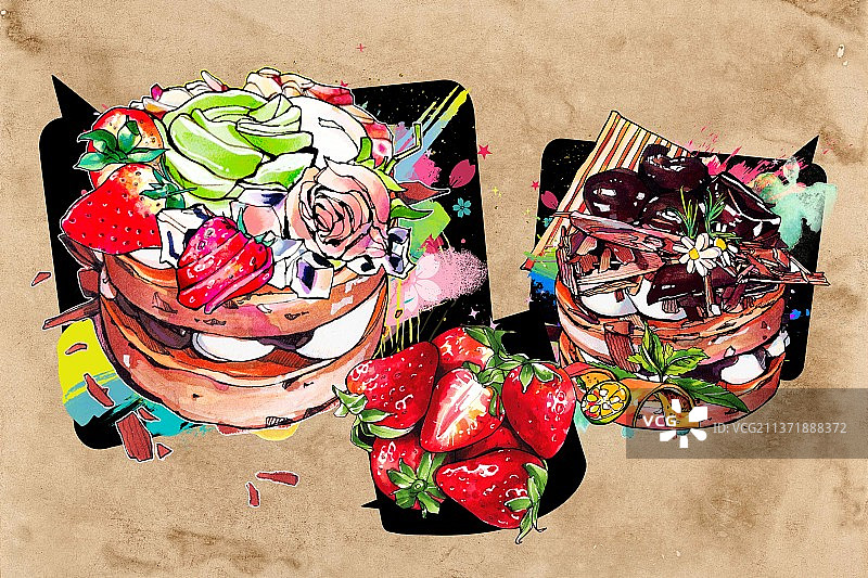 下午茶水果巧克力 蛋糕 涂鸦风手绘美食插画图片素材