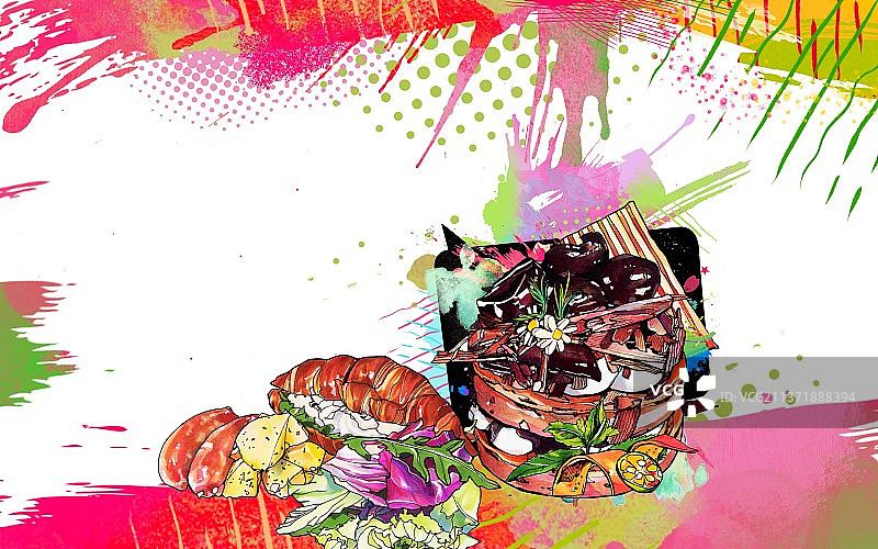 下午茶水果巧克力 蛋糕 涂鸦风手绘美食插画图片素材