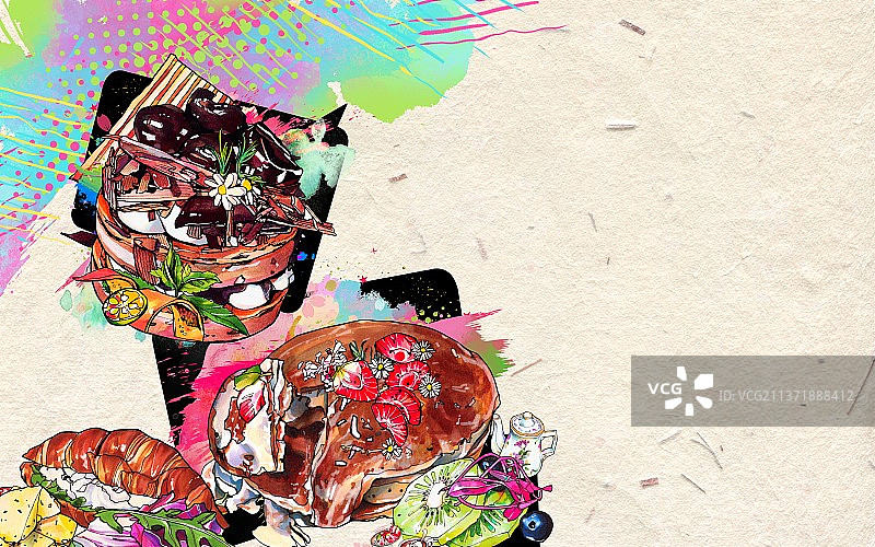 下午茶水果巧克力 蛋糕 涂鸦风手绘美食插画图片素材