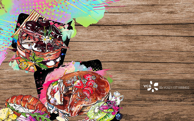 下午茶水果巧克力 蛋糕 涂鸦风手绘美食插画图片素材