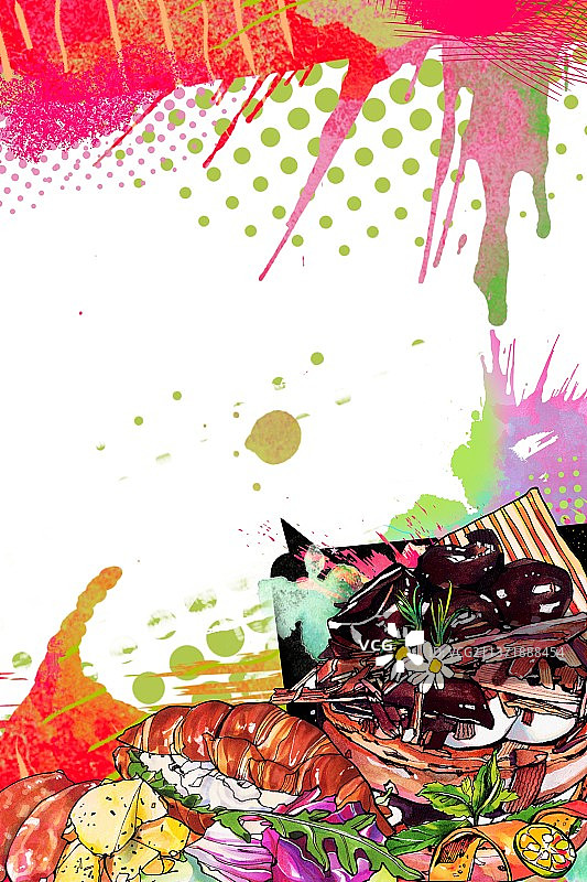 下午茶水果巧克力 蛋糕 涂鸦风手绘美食插画图片素材