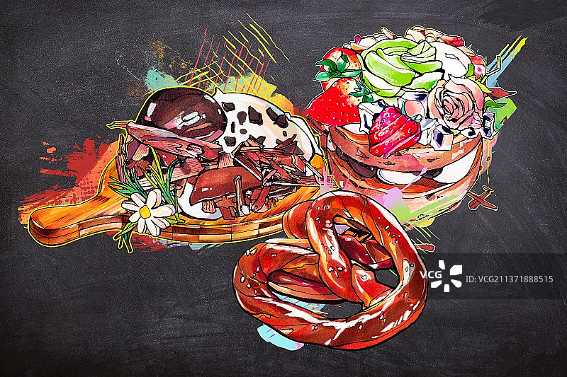 下午茶水果巧克力 蛋糕 涂鸦风手绘美食插画图片素材