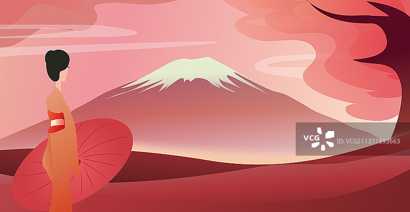 穿和服的日本女人在樱花开放的季节来到富士山上图片素材