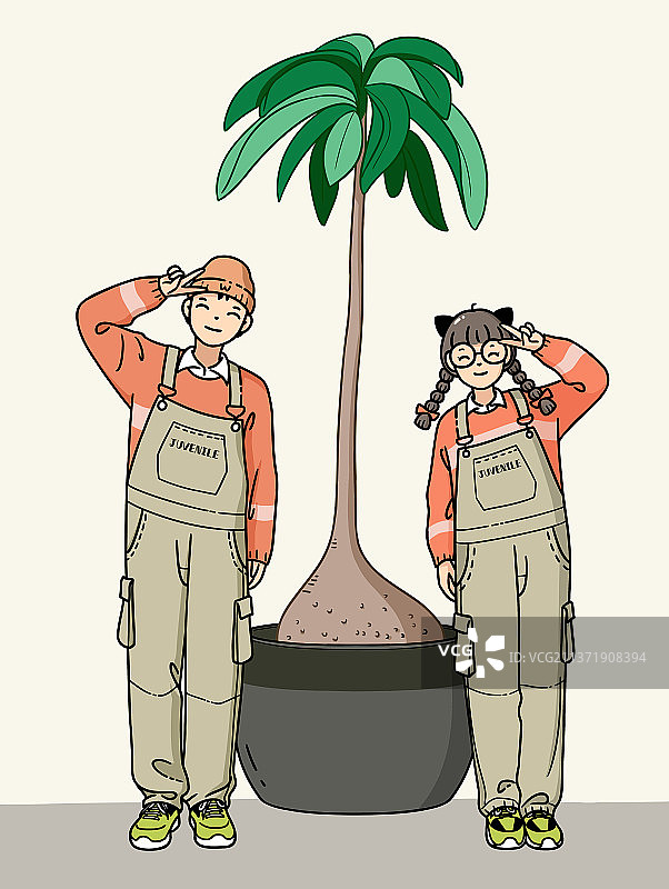 线条清新插画站在盆栽绿植前的男孩女孩图片素材