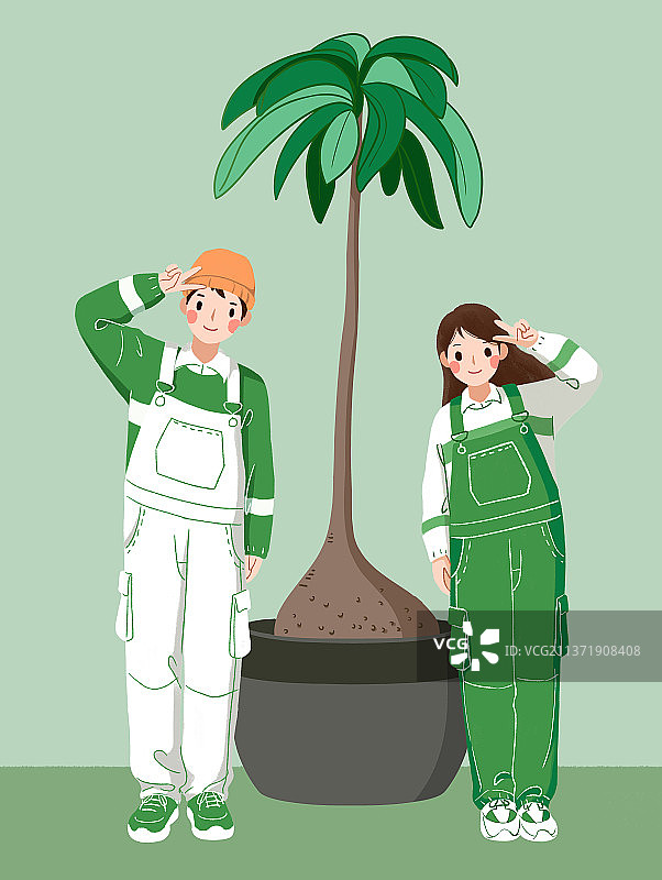 扁平治愈插画站在盆栽绿植前的男孩女孩图片素材