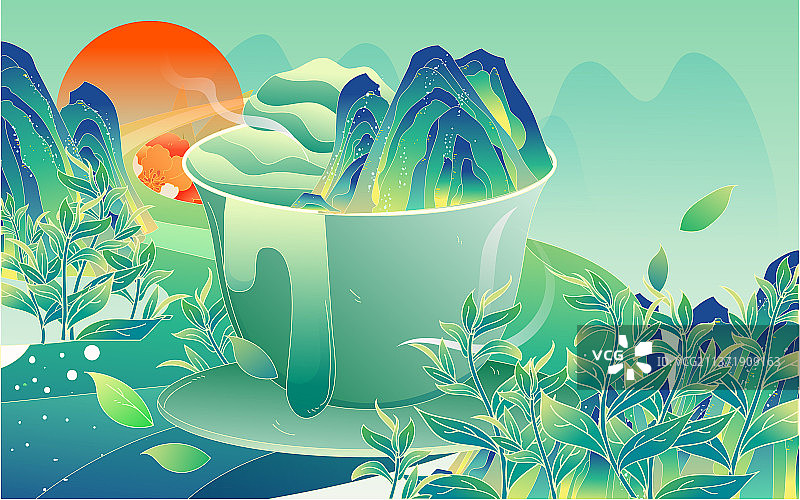清明节采茶国潮插画中国风茶叶茶园风景海报图片素材
