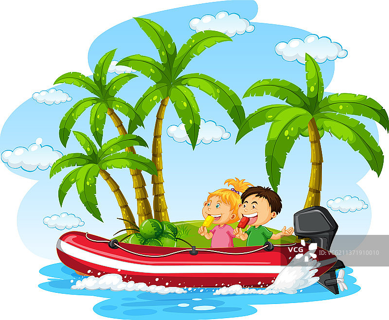 卡通风格的充气船上的儿童图片素材