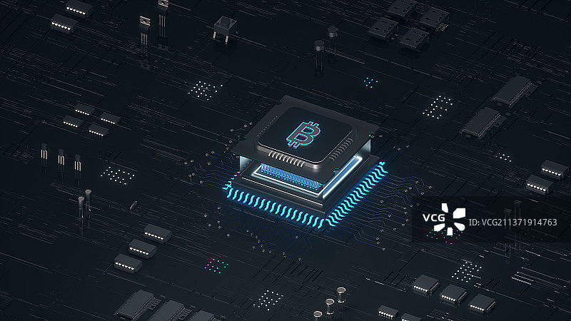 3d渲染主板上的比特币概念图像图片素材