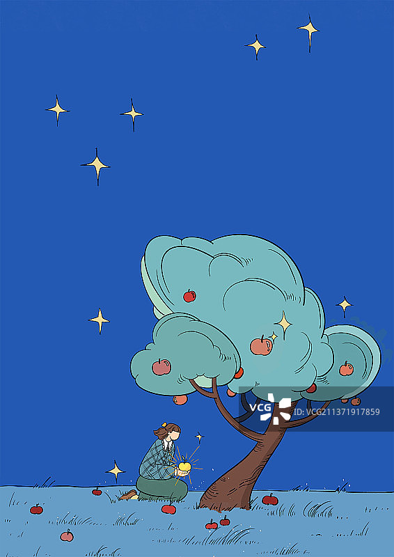 蓝色女孩草地插画图片素材