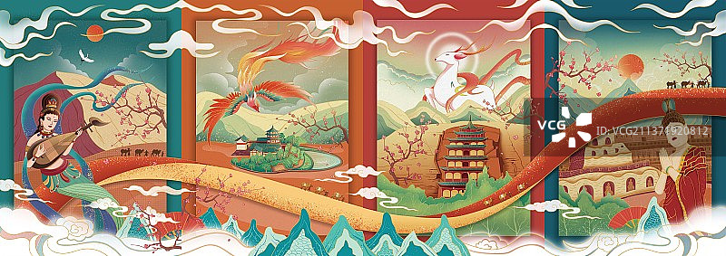 敦煌国风插画 鸣沙山月牙泉莫高窟西千佛洞图片素材