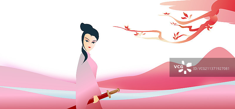 桃花盛开时候侠女提剑英姿行走于江湖图片素材