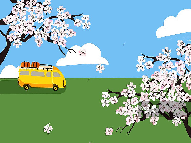 三月樱花盛开美丽春天蓝色背景黄色公车旅游插画图片素材