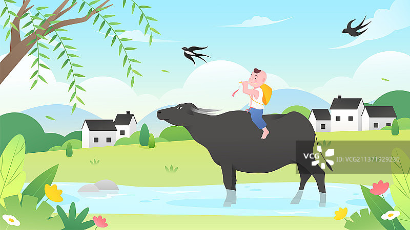 春天野外放牛的牧童吹笛插画图片素材