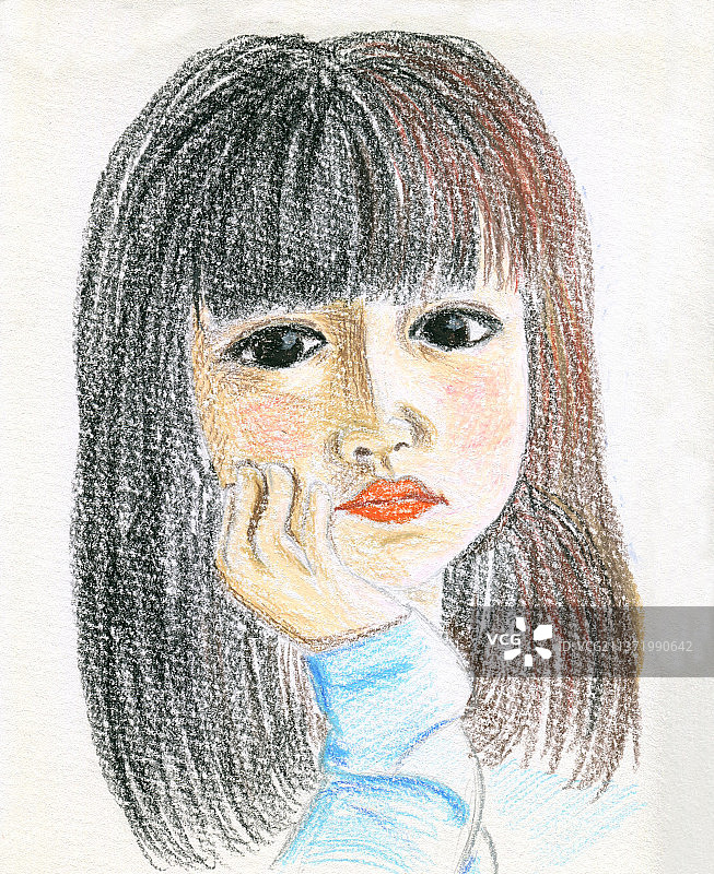 托腮女孩油画棒图片素材