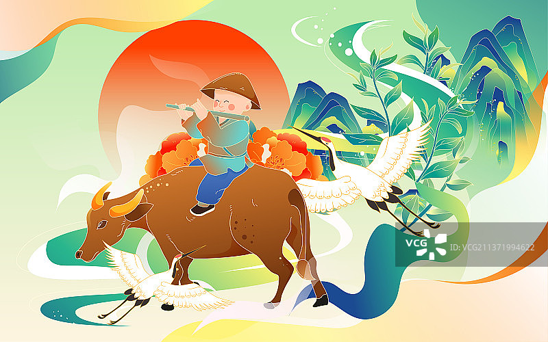 清明节牧童放牛国潮插画中国风春分节气海报图片素材