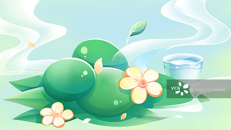 绿色唯美清新春季青团美食插画，青团与梨花和一杯酒图片素材