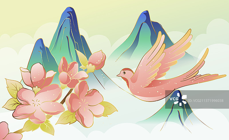 春天桃花燕子山水矢量插画图片素材