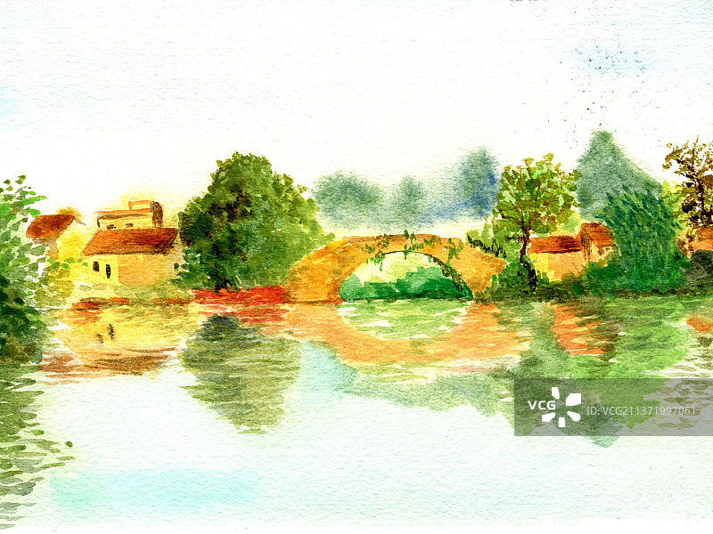 水彩水乡风景图片素材