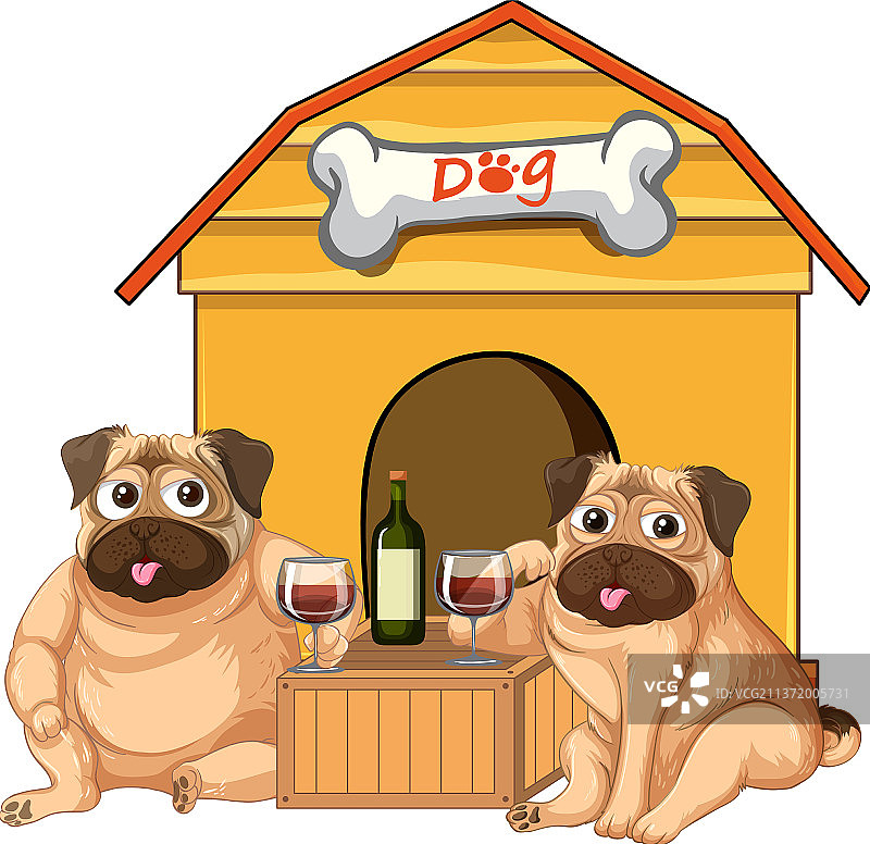 两只狗在宠物屋前喝葡萄酒图片素材