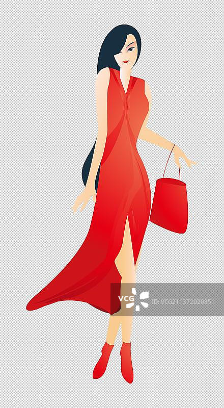 一位穿着红色礼服的亚洲美女拿着包包走路样子图片素材