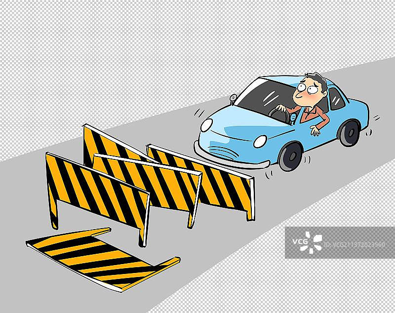 被一堆路障挡住的小汽车图片素材