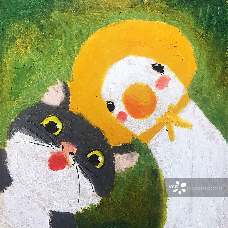 猫猫和鸭子的凝视图片素材