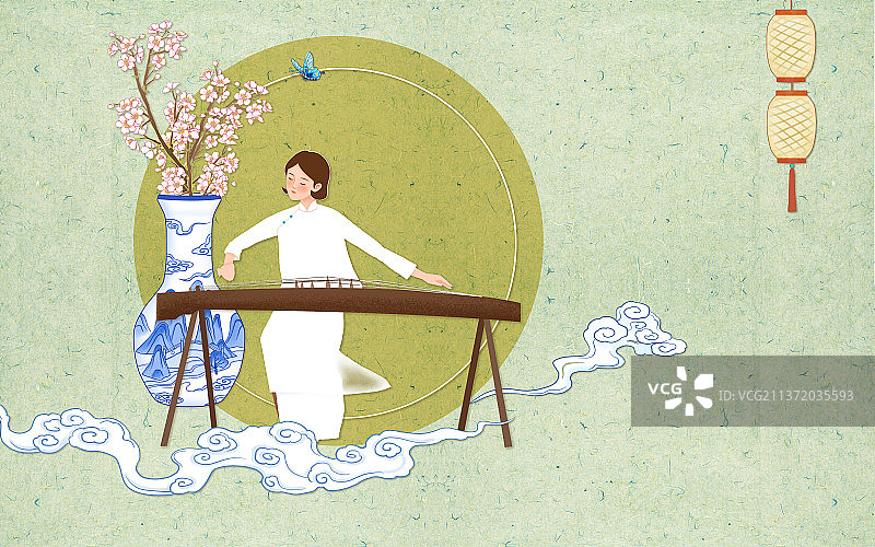 古风古筝美女青花瓷灯笼图图片素材