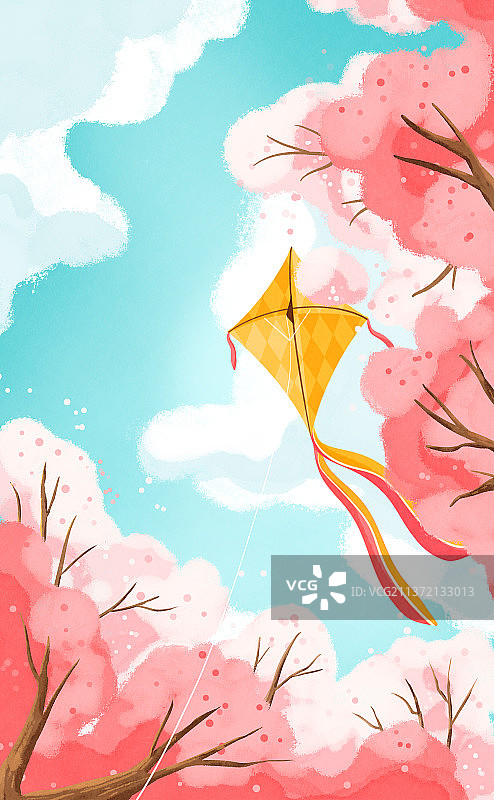 文艺风樱花天空放风筝插画图片素材
