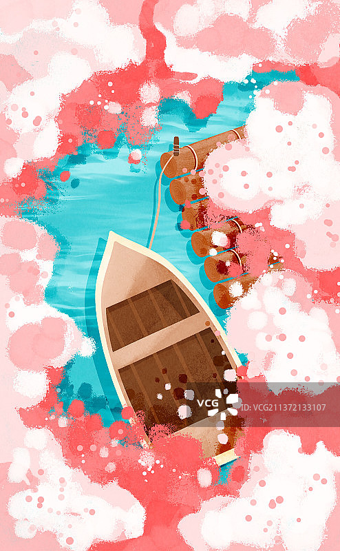 俯瞰湖泊小船樱花林插画图片素材