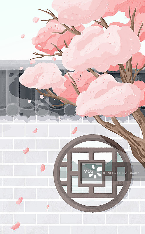 灰瓦白墙江南水乡院子外一棵樱花树图片素材