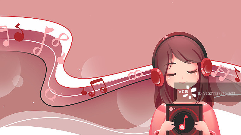 红色唯美卡通音乐休闲少女插画，可爱女孩拿着唱片，闭着眼睛享受音乐图片素材