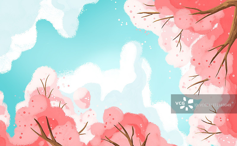 晴朗天空仰视樱花林背景图片素材