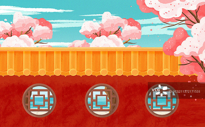 横版传统建筑红色围墙插画图片素材