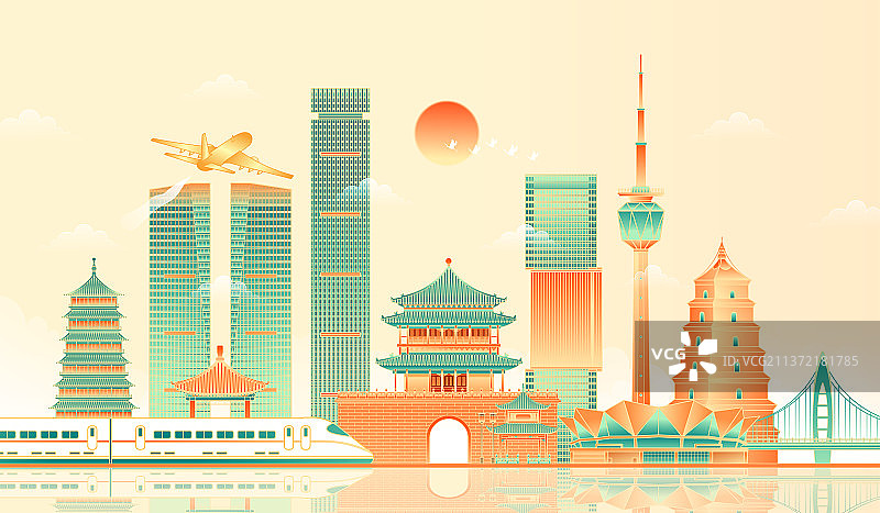 陕西西安地标建筑矢量插画图片素材