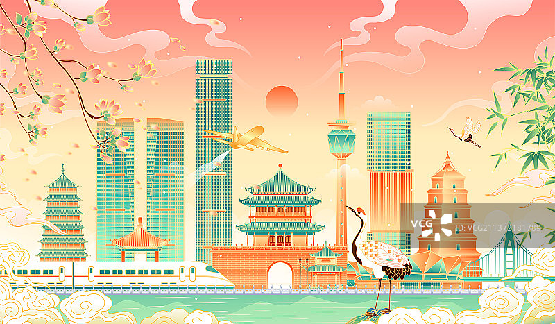 陕西西安地标建筑矢量插画图片素材