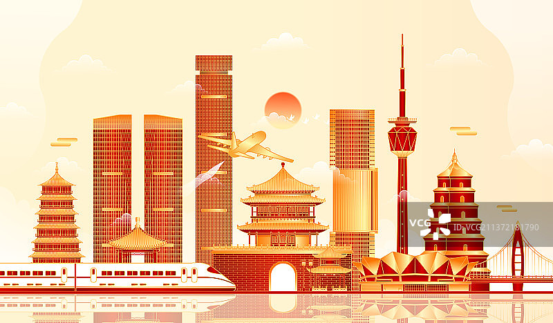 陕西西安地标建筑矢量插画图片素材