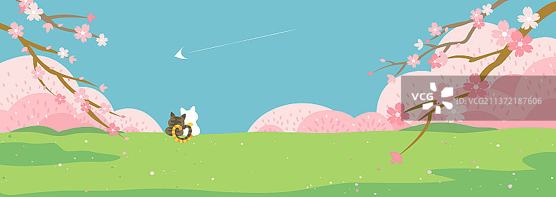蓝天绿草樱花树下一对小猫依偎着看天空横板图片素材