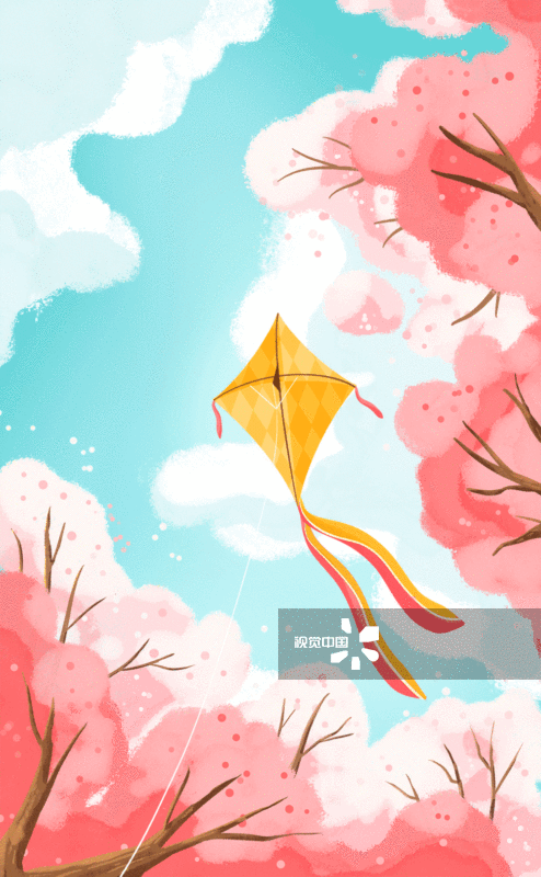 仰视樱花林的空中放风筝图片素材