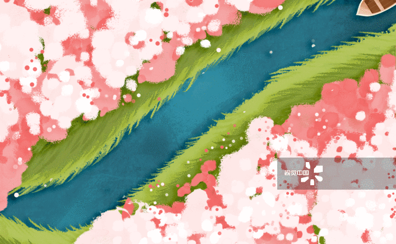 俯瞰樱花林中一艘流动的小船图片素材