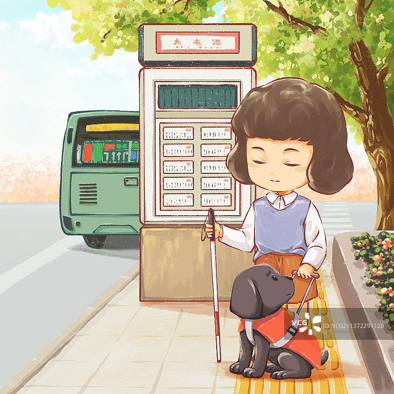 女孩与导盲犬的日常生活（等公交）图片素材