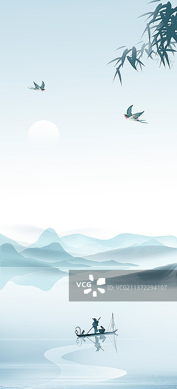 中国风写意蓝色山水风景节气背景插画图片素材