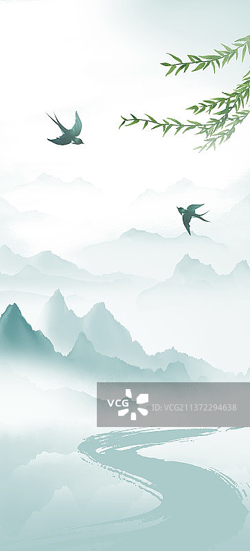 中国风写意山水风景节气背景插画图片素材