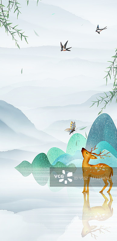 中国风写意麋鹿山水风景节气背景插画图片素材